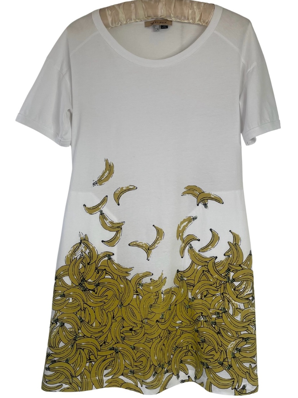See By Chloe Banana Print A-Line T-Shirt Dress Cotton Pocket Dress White Yellow